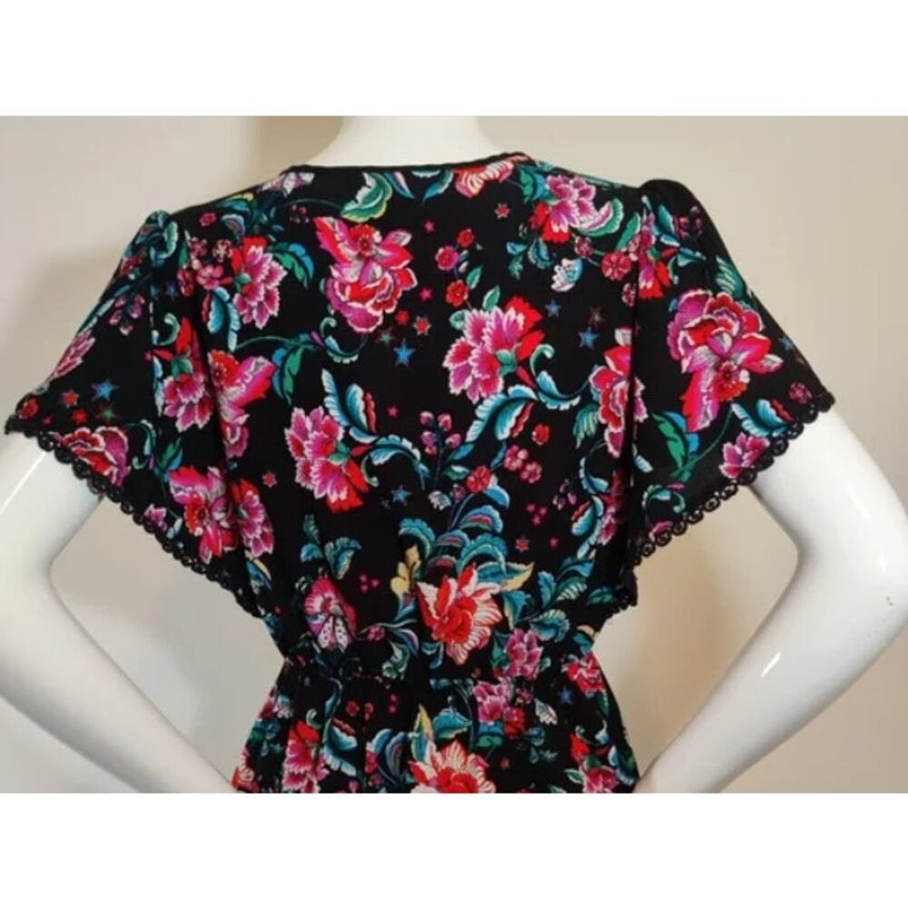 Monteau Floral Top Shirt Lace Trim Elastic Waist Blouse Medium Multi Color - Picture 2 of 8